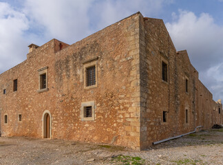 The historical Arkadi Monastery, located on a fertile plateau near Rethymno, Crete, Greece.