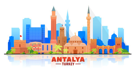 Antalya ( Turkey ) skyline with panorama in white background. Vector Illustration. Business travel and tourism concept with modern buildings. Image for presentation, banner, placard and web site.