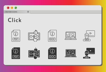 click icon set. included professor, pdf, teacher, test, doc icons on white background. linear, filled styles.