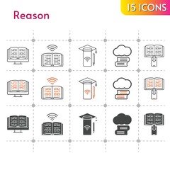 reason icon set. included cloud library, ebook, smartphone, book icons on white background. linear, bicolor, filled styles.