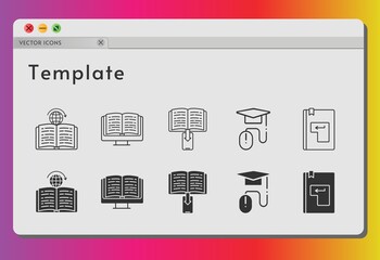 template icon set. included ebook, elearning, learning, enter icons on white background. linear, filled styles.