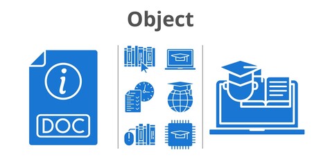object set. included chip, books, student-laptop, test, school, book, doc, training icons. filled styles.