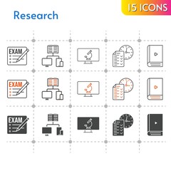 research icon set. included exam, ebook, test, school, microscope icons on white background. linear, bicolor, filled styles.