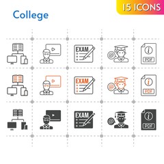 college icon set. included exam, teacher, pdf, school, student icons on white background. linear, bicolor, filled styles.