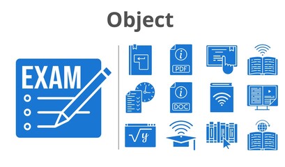 object set. included exam, audiobook, cap, pdf, ebook, test, maths, book, doc, learning, touchscreen, enter icons. filled styles.