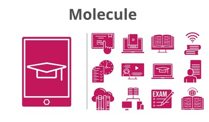 molecule set. included study, test, learn, book, learning, touchscreen, exam, cloud, ebook, student-laptop, instructor, school, student-tablet icons. filled styles.