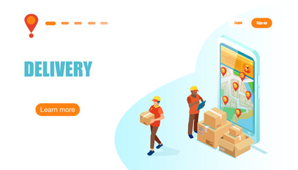 Vector of a courier men standing near the boxes and a smartphone with map holding parcel being delivered to a customer
