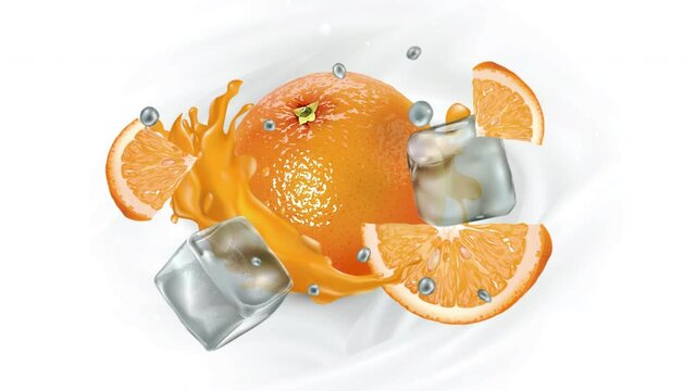 Orange with juice, ice cubes and water drops.