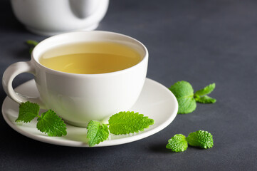 White cup of melissa herbal tea with fresh melissa leaf, organic aromatherapy relaxation hot drink concept, Melissa officinalis