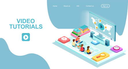 Vector of children learning online watching tutorials