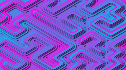 Abstract layered background with diagonal isometric gradient stripes and shapes in blue and pink colors in papercut style