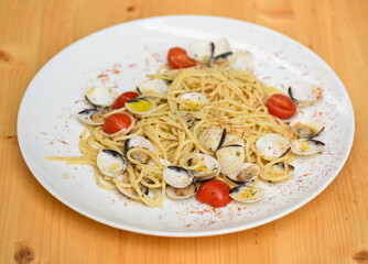 Italian cuisine, spaghetti pasta with vongole clams.