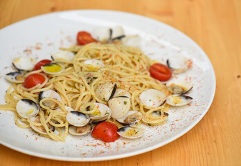 Italian cuisine, spaghetti pasta with vongole clams.
