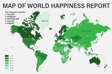 World happiness report on political map with scale, borders and countries