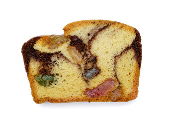 Slice of Romanian sponge cake with cocoa, turkish delight and raisins