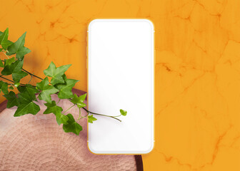 Realistic modern smartphone on pastel background. Mock up for game design, mobile application, wallpapers, websites. Plant and shadows.