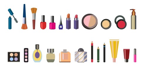 Set of vector cosmetics. Eye shadow, lip gloss, powder, blush, lipstick, brush, eyeliner, nail Polish, perfume, cream, bottle. Hand drawing illustration. Makeup icons. Beauty makeup artist