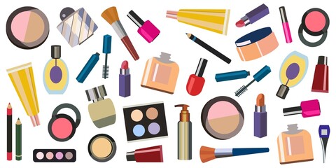Set of vector cosmetics. Eye shadow, lip gloss, powder, blush, lipstick, brush, eyeliner, nail Polish, perfume, cream, bottle. Hand drawing illustration. Makeup icons. Beauty makeup artist