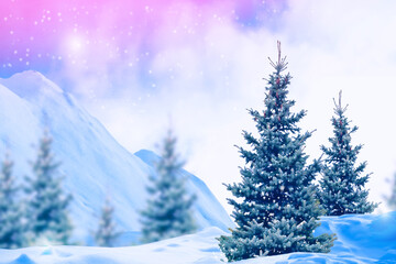 Fototapeta premium Frozen winter forest with snow covered trees.