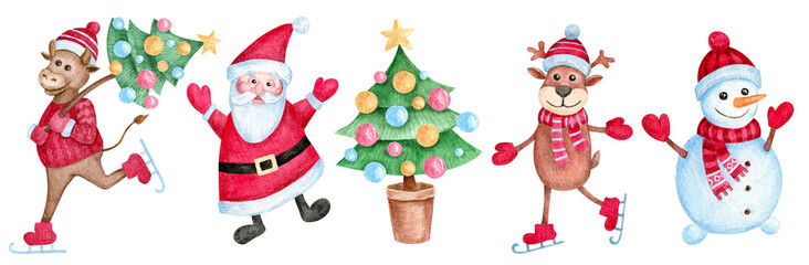 Christmas set of cute watercolor characters: Festive Bull, Santa, Christmas tree, Deer and Snowman. Illustration for your festive design isolated on white background.