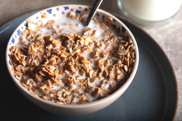Oat rye flakes in bowl with milk. 