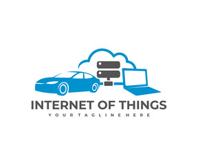 Internet of things or IoT, cloud server, car and laptop, logo design. Network, internet and connection, vector design and illustration