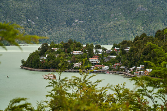wooden piers and walkways of lumber town Caleta Tortel at Rio Baker along the Carretera Austral in Patagonia, Chile, South America