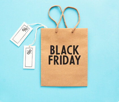 White Ticket Label Sale Tag With Shopping Paperbag, Black Friday Or Cyber Monday Shopper - Online Shopping Concept