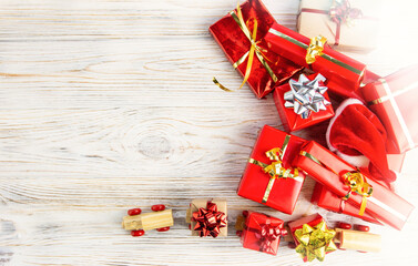 Merry Christmas , New Year card celebration old craft styling card christmas presents box and christmas tree gift decor