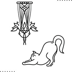 Urban jungle: breed cat and macrame hanging plants, black and white style outline illustration of home decor elements