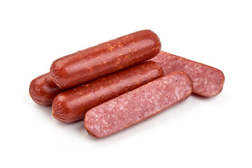 Smoked sausages, isolated on white background