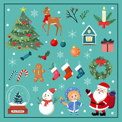 Christmas elements set. Quality flat design Xmas decorative elements, Santa, gifts, gingerbread, deer, Christmas tree, snowman, wreath, mistletoe, snow maiden, lollipops. Flat design in vector. 