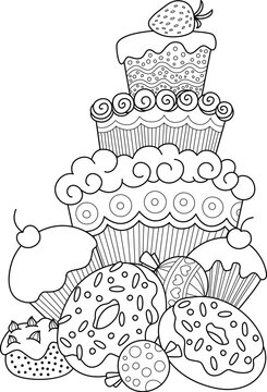 Hand drawn cupcake for coloring book for adult