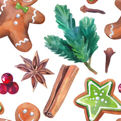 Watercolor Christmas seamless textures. Gingerbread, pine, cinnamon & xmas