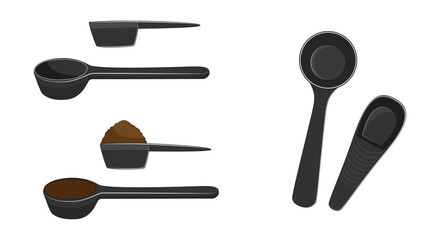 Scoops empty and full of ground coffee, front and side view. Vector illustration.