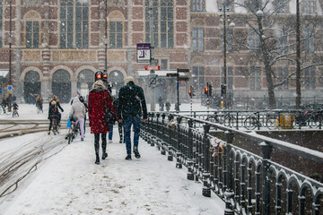 Obraz premium Couple walking under the snow next to a bridge in the city.