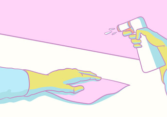 man wearing gloves was spraying disinfectant and cleaning the table