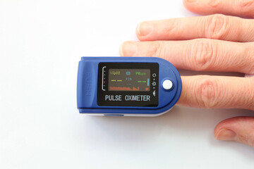 Pulse oximeter on the finger. Measure blood oxygen saturation