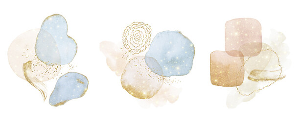 Gold Abstract Arrangements. Christmas glitter shiny dreamy. Blush, blue, white, beige watercolor illustration & elements on white background. Modern print set. Logo. Wall art. Poster. Business  card.