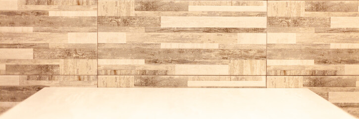 Banner background with a white table and grey rectangular pattern on background with selective focus