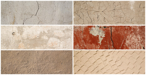 Wall texture set. Rough surfaces of the plastered and colored concrete walls with patterns of...