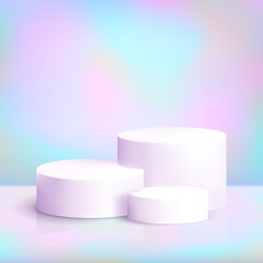 Realistic white podium on iridescent background with snowflakes. Elegance pastel scene with blank cylinder pedestal for product show. Luxury platform vector mockup