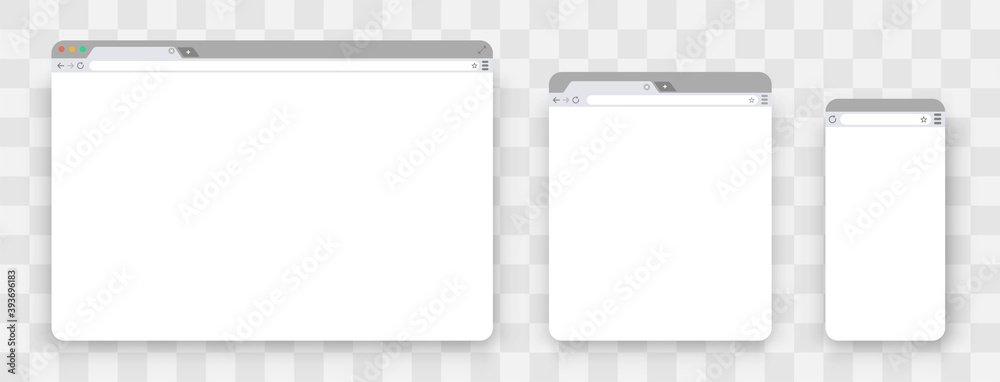 Poster Browser mockups. Set of Flat blank browser windows for different devices. Template Browser window on your PC, tablet and mobile phone. Empty web page mockup with toolbar. Vector illustration 