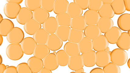 Orange Oil Bubbles in water. Viscous liquid bubbles. Concept of natural essential oil for cosmetics. Macro 3D render illustration of fluid flow.