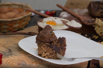 Christmas panettone on rustic table. some table decorations