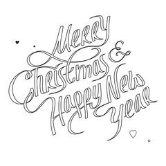 Black and White vector illustration of small hearts and text Merry Christmas and Happy New Year isolated on white background. Nice fonts for New Year's card.