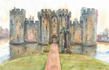 Bodiam Castle in East Sussex in England, a 14th century medieval English castle painted in watercolor on paper.