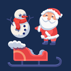 Santa Claus with snowman on navy blue backdrop. Christmas holiday postcard for invitation or gift card, notebook, bath tile, scrapbook. Phone case or cloth print. Flat style stock vector illustration