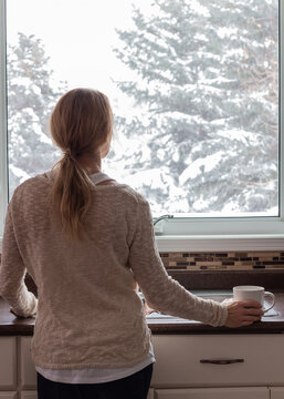 person looking out window into snowy trees