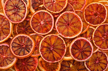 Close up dried red orange chips on retail display